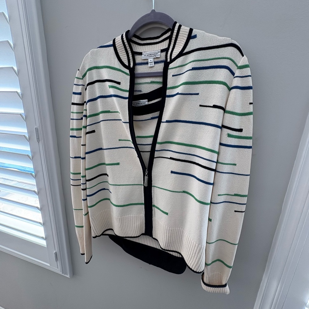 3 piece St. John Cream Cardigan with top and pants with Black and Green Stripes